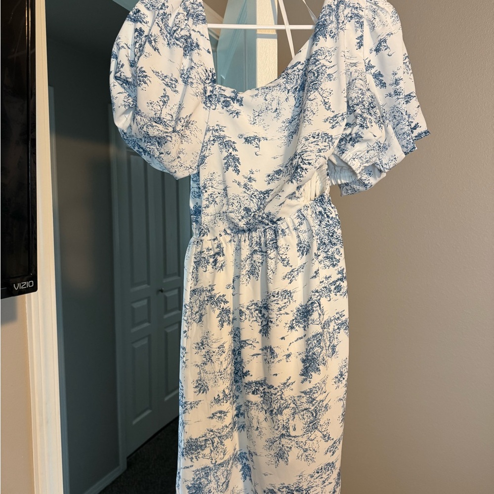 Blue Toile Puff-Sleeve Midi Dress - Women